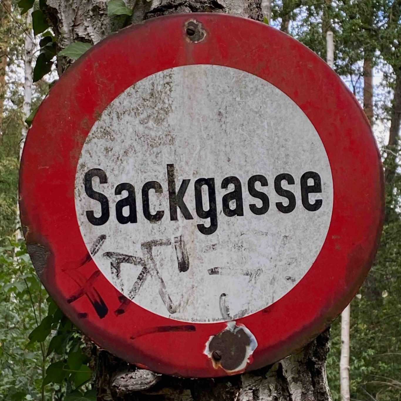 Altes Sackgassenschild an einem zugewachsenen Waldweg