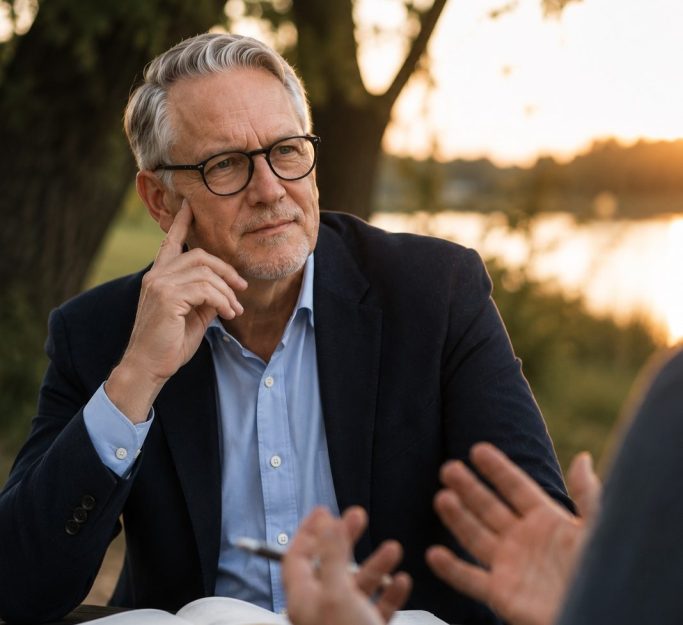 Jörg Fidorra im vertraulichen Gespräch bei einem Spaziergang im Grünen